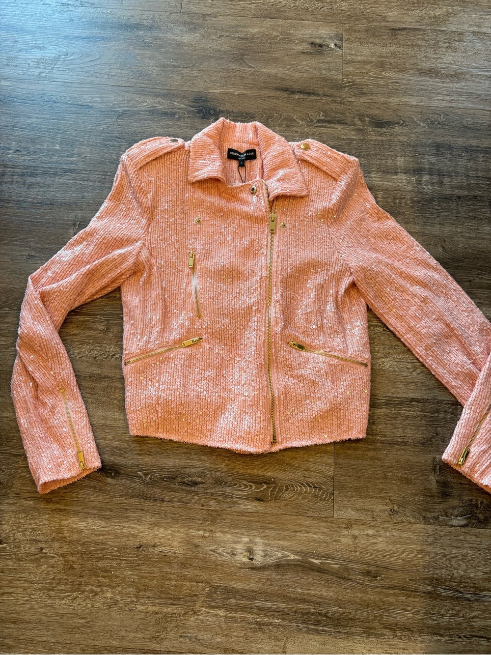 Generation Love Robin Sequin moto jacket. Light pink